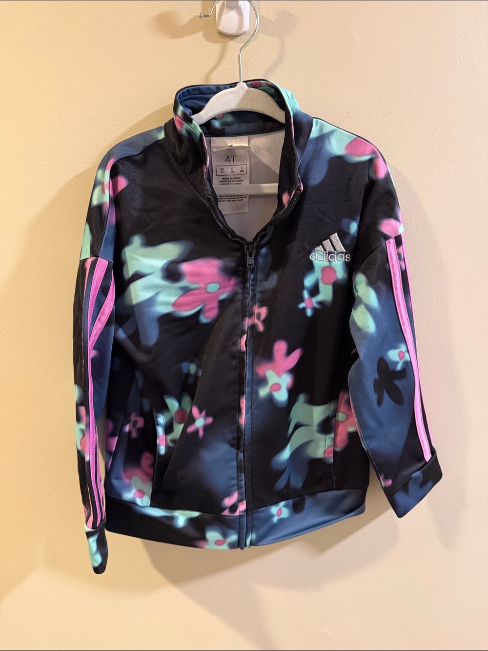 adidas Black Floral Track Jacket with Pink & Teal Accents